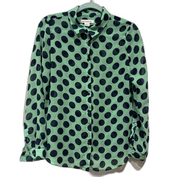 Liz Claiborne Button Down Blouse Mint Green Navy Polka Dot Retro Office Women S - Picture 2 of 6